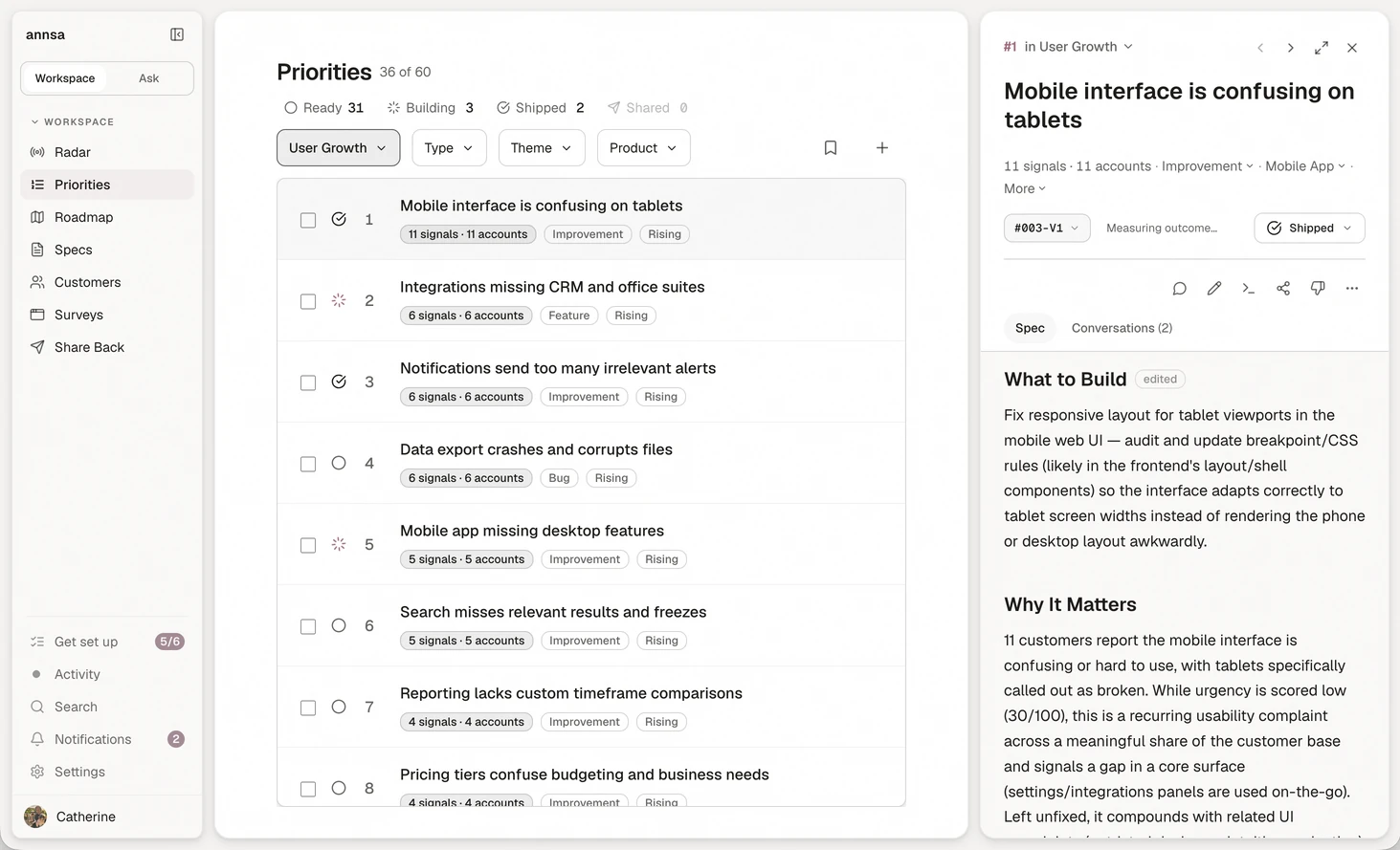 Annsa ranking 60 customer priorities, with the top one opened into its build-ready spec.